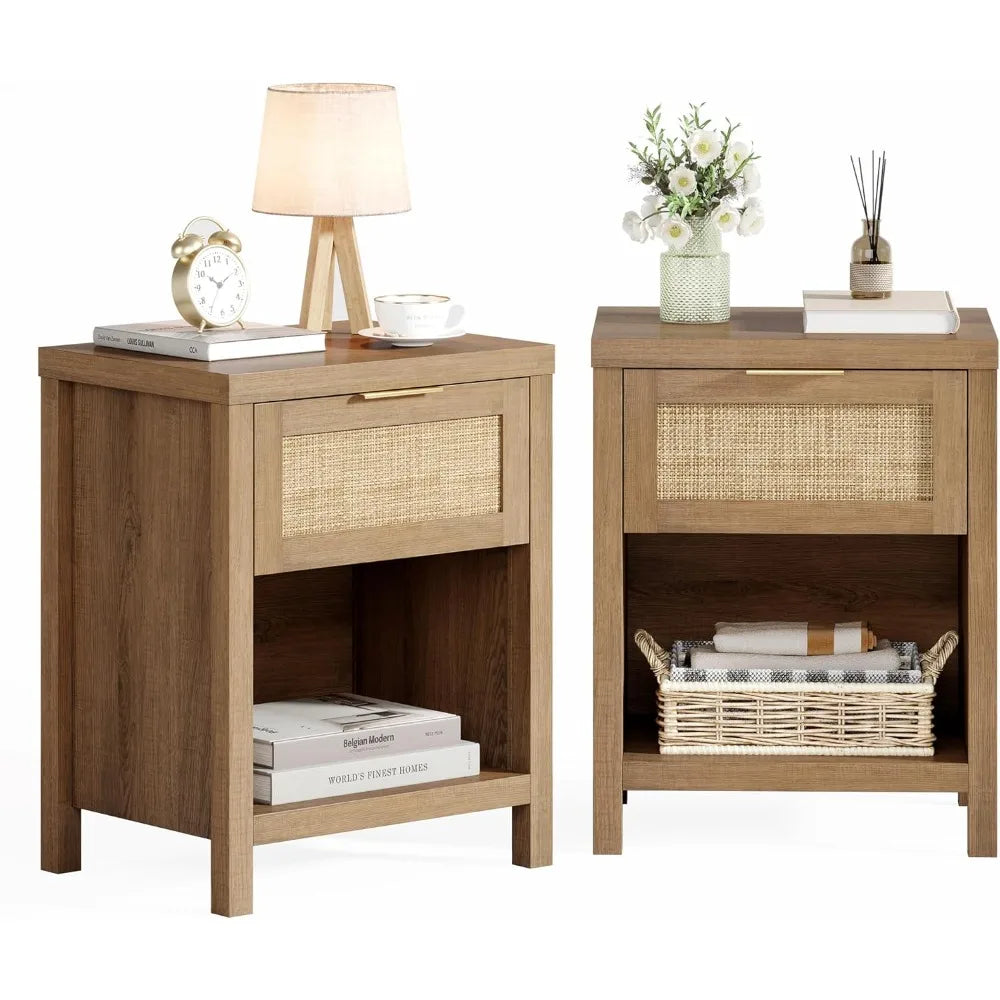 Boho farmhouse rattan nightstand set of 2 caramel oak finish with drawer and shelf bedside tables