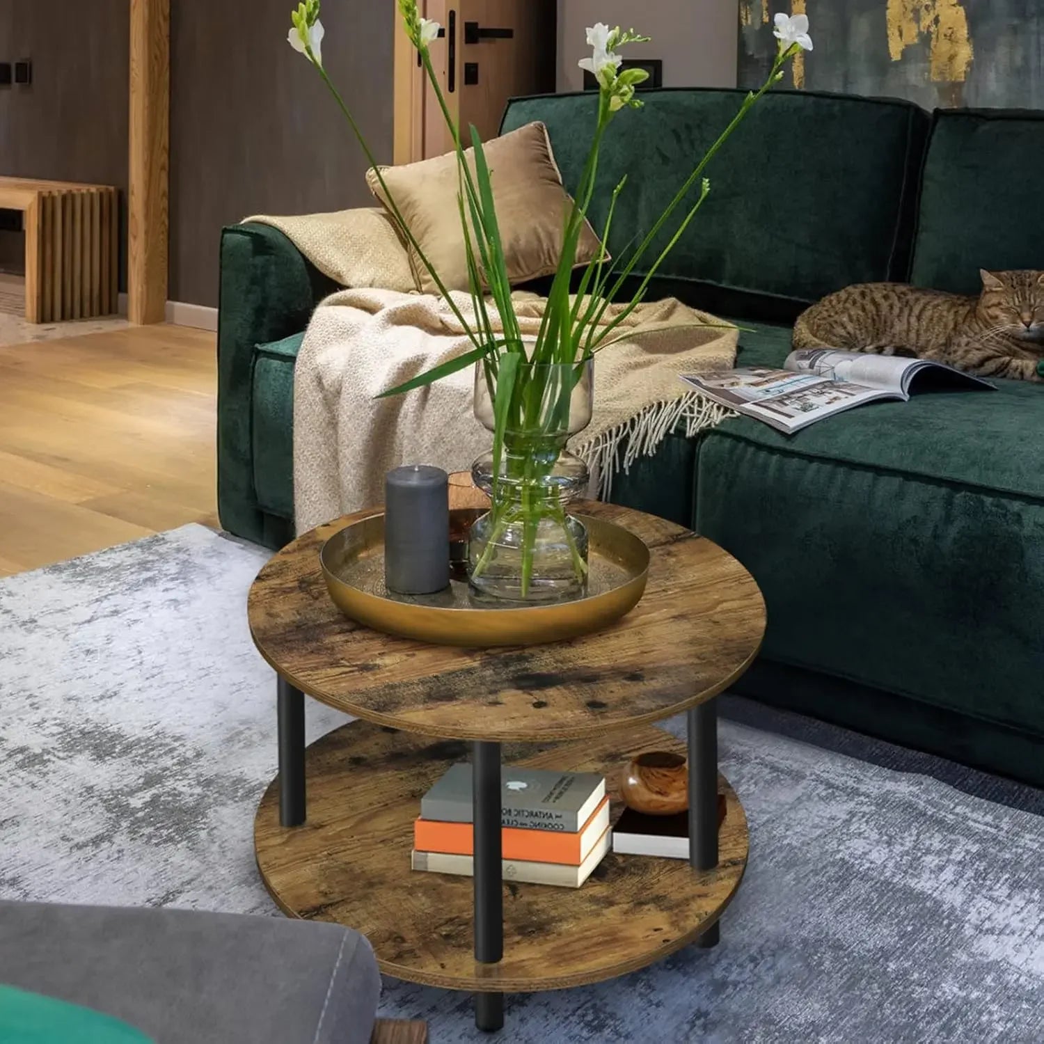 Small round coffee table for space 23.5’’ 2-tier rustic brown wooden with open storage living - united states