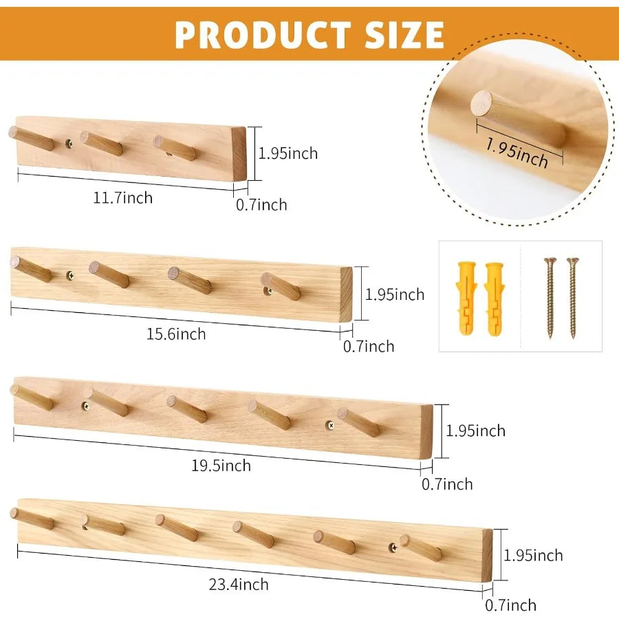 Wall mounted coat rack 12 ihes hickory wood hooks with 3 wooden hanger for hanging clothes robes towels ha - united