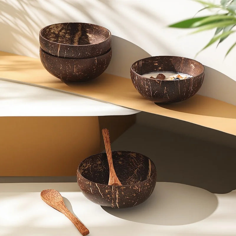 1/5pcs coconut bowl wooden spoon set smoothie kitchen tableware dessert fruit salad mixing rice ramen natural bowls