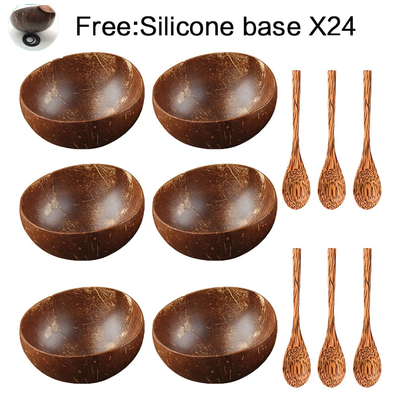 Coconut bowl set natural handmade shell tableware wood spoon dessert fruit salad mixing rice ramen wooden bamboo - 6