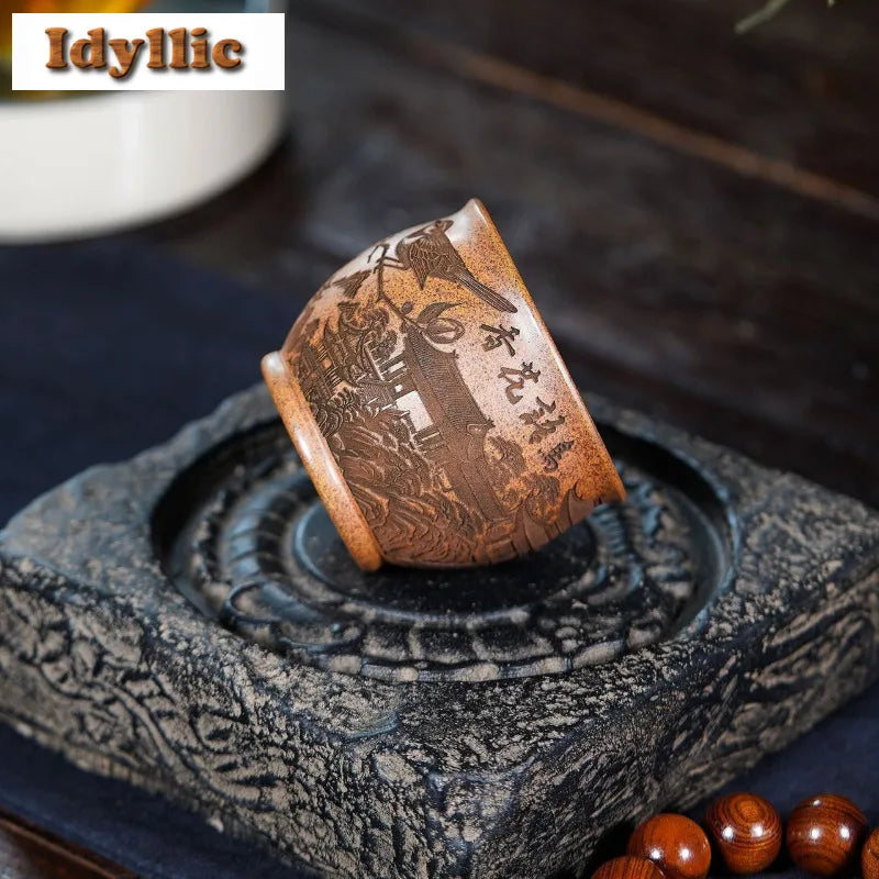 225ml purple clay wood-fired porcelain flowers and birds teacup zen tea bowl jug tea-tasting fragrance cup chazhan