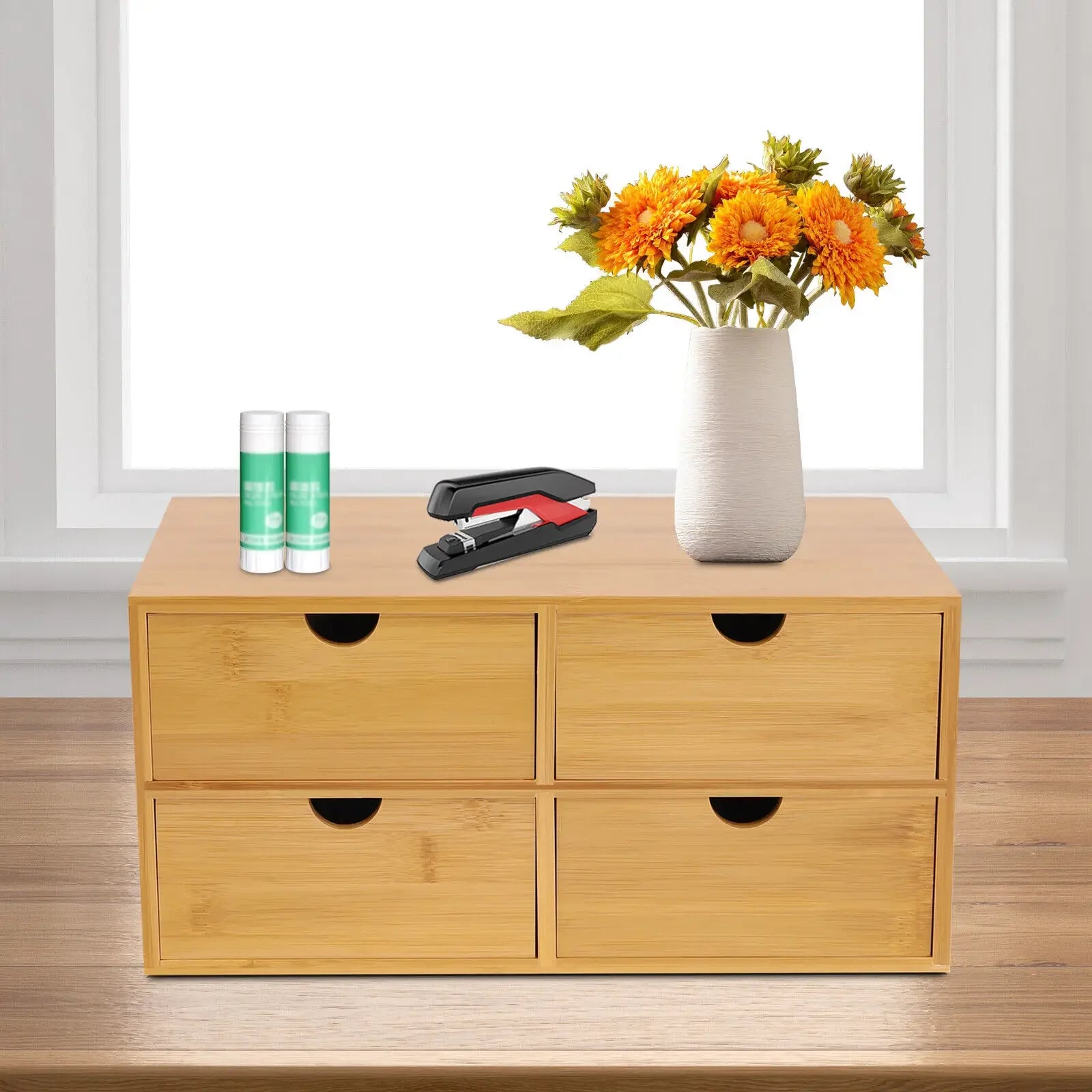 Bamboo desk organizer with 4 storage drawers tabletop box school office stationery home - light brown / united states