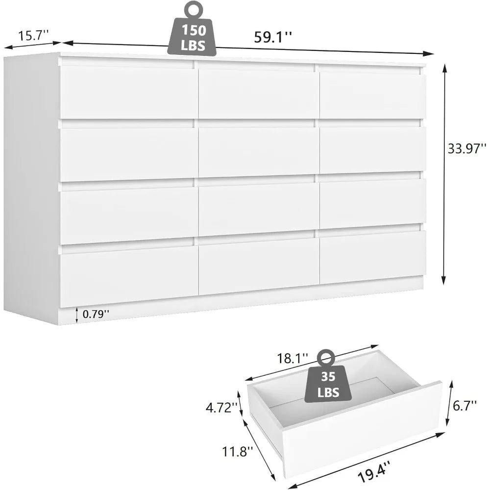White dresser for bedroom,modern long 12 drawer with deep drawer,wood storage chest of bedroom organizer - white