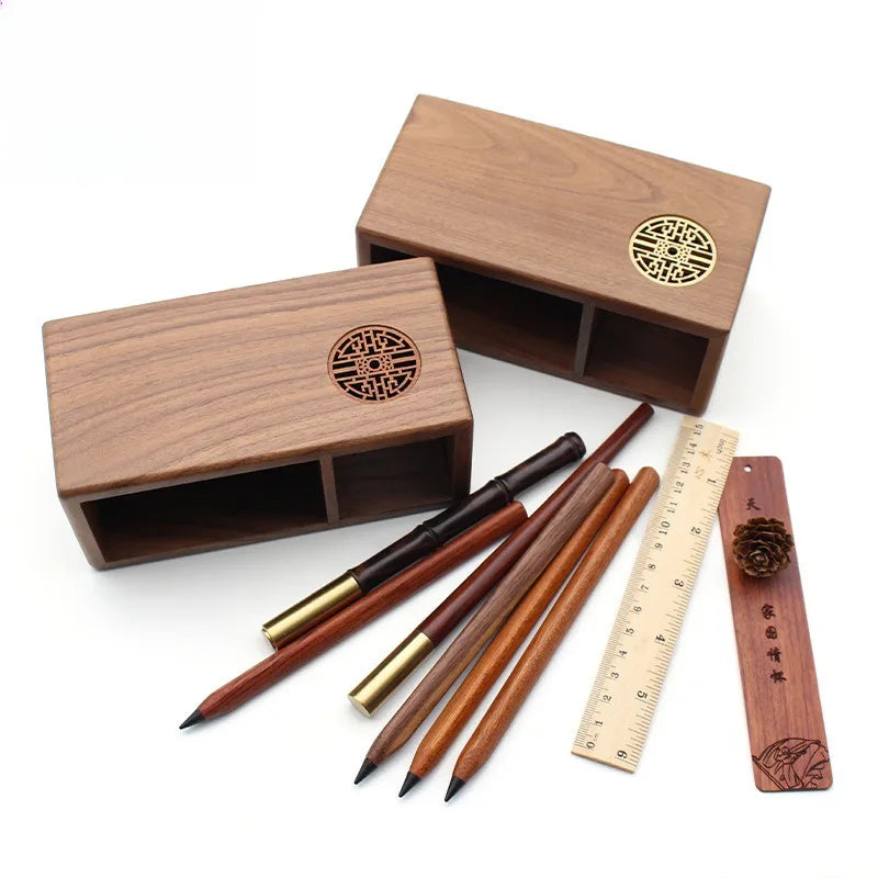 Graduation gift wooden pen holder chinese style hand carved desk organizer natural wood stationery storage