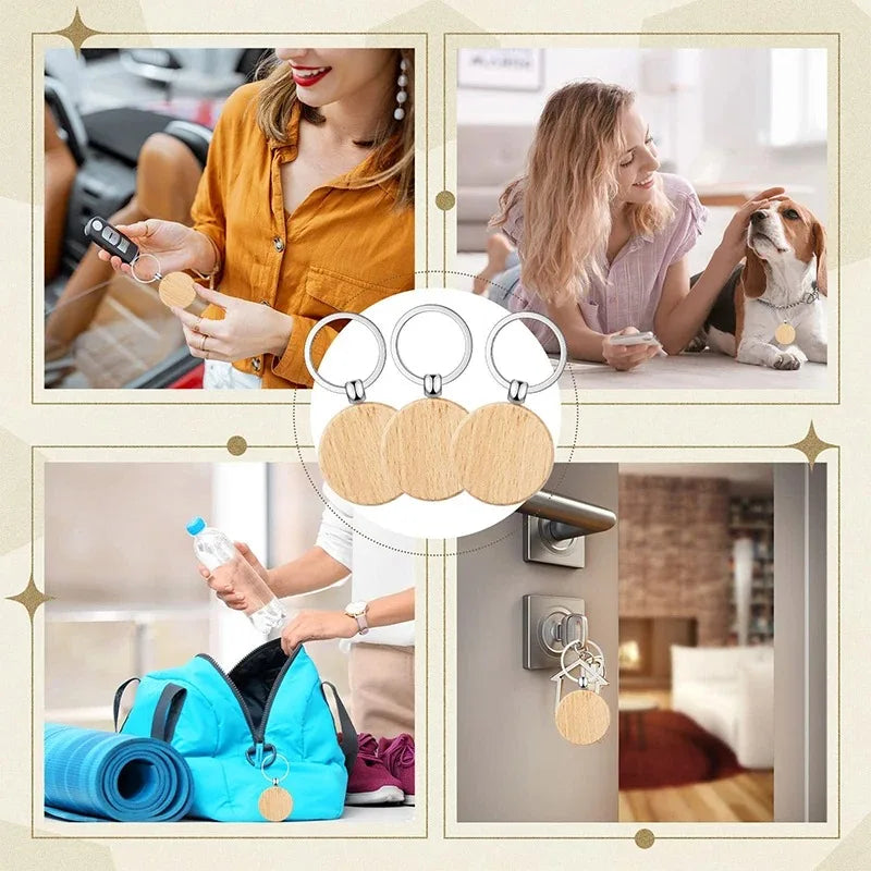 100pcs round wooden key ring portable beech keychain - chain