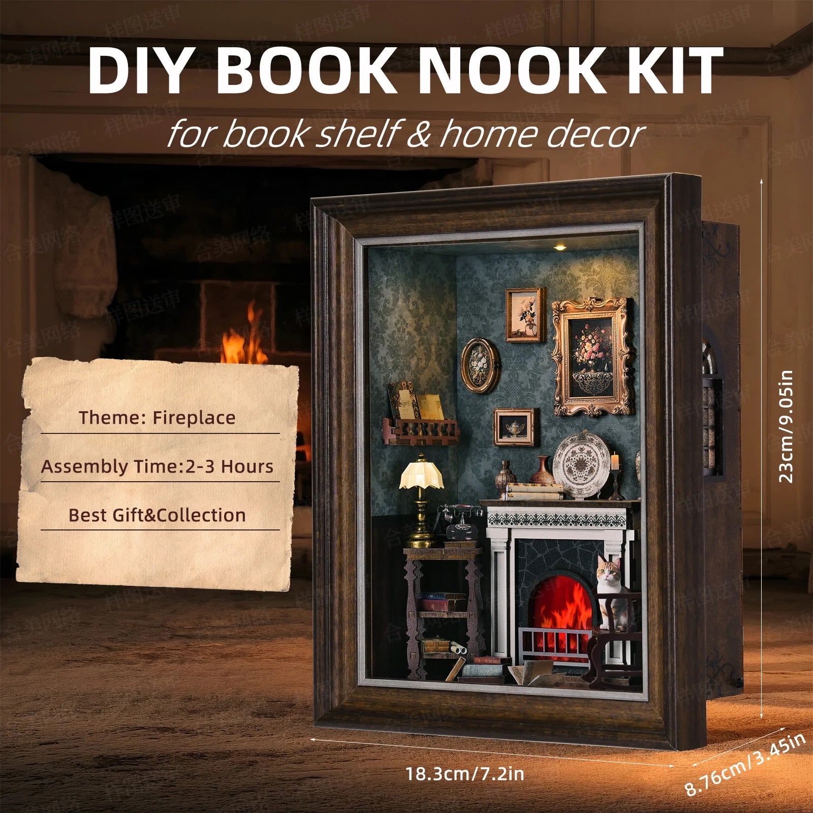 Book nook kit fireplace diy 3d wooden puzzle photo frame ornament bookshelf dollhouse model bookend building home