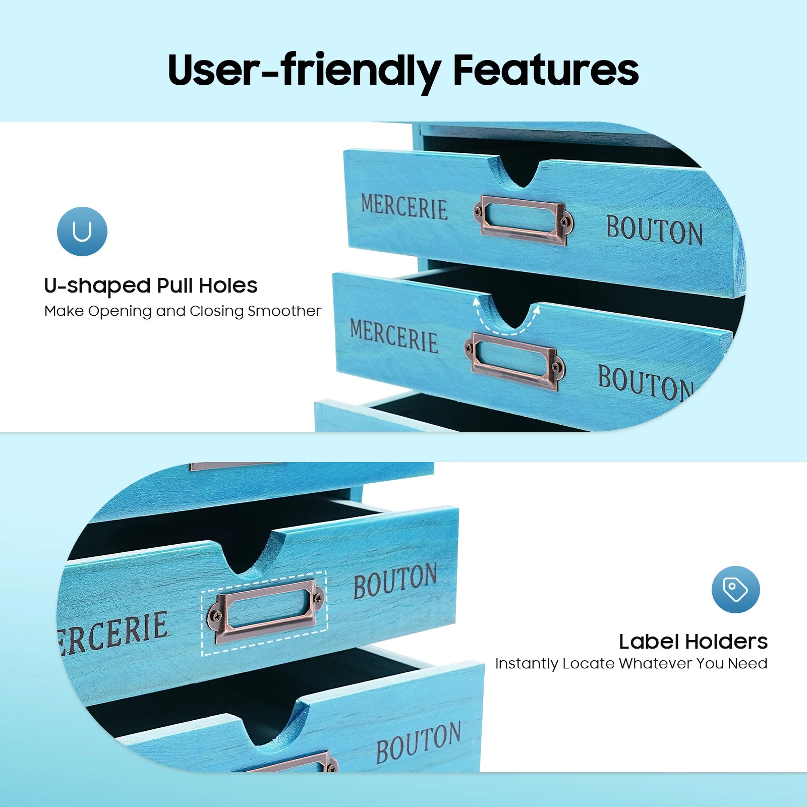 5-tier drawer organizer pine wood vintage blue spacious storage desk file with label holders - united states