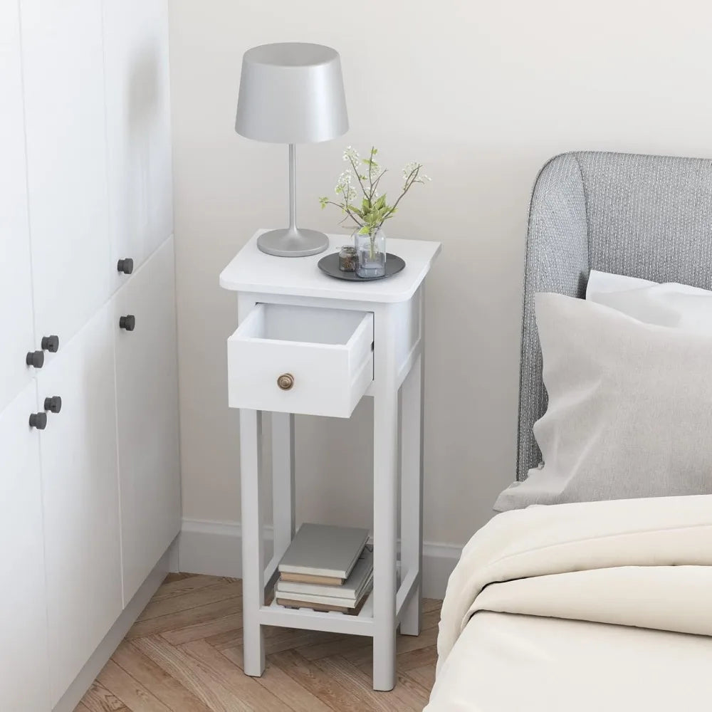 ’slim drawer and shelf side table acacia wood nightstand living room end two-level bedside stand for compact spaces’