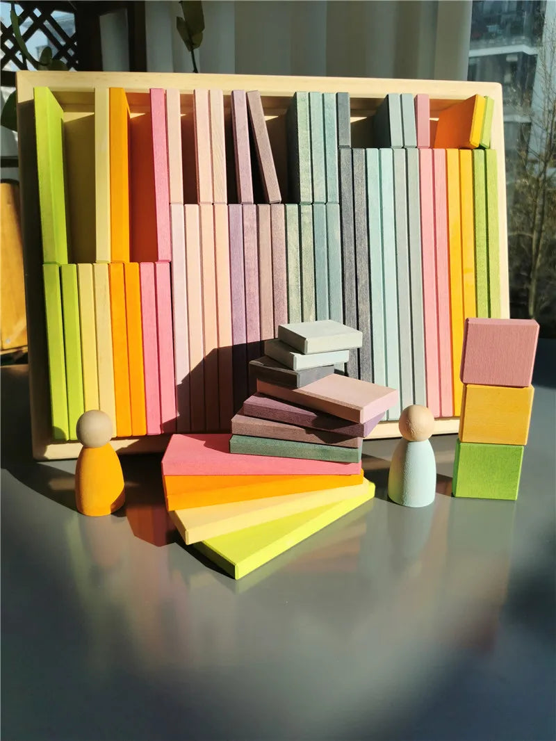 Large rainbow wood building slats construct cubes blocks pastel stacking timber toys for kids early learning - game