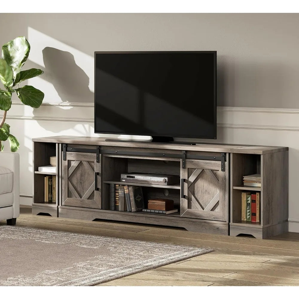 Modern farmhouse 3 in 1 tv stand for up to 85’’ tvs wood entertainment center with sliding barn door and adjustable