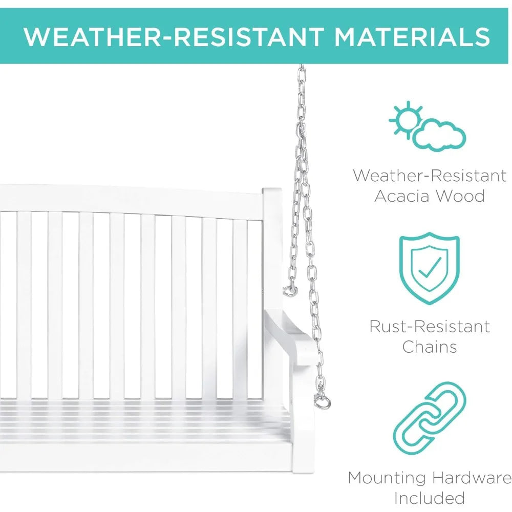 Outdoor patio wood swing bench chair deck garden yard hanging furniture with mounting chains - united states / white