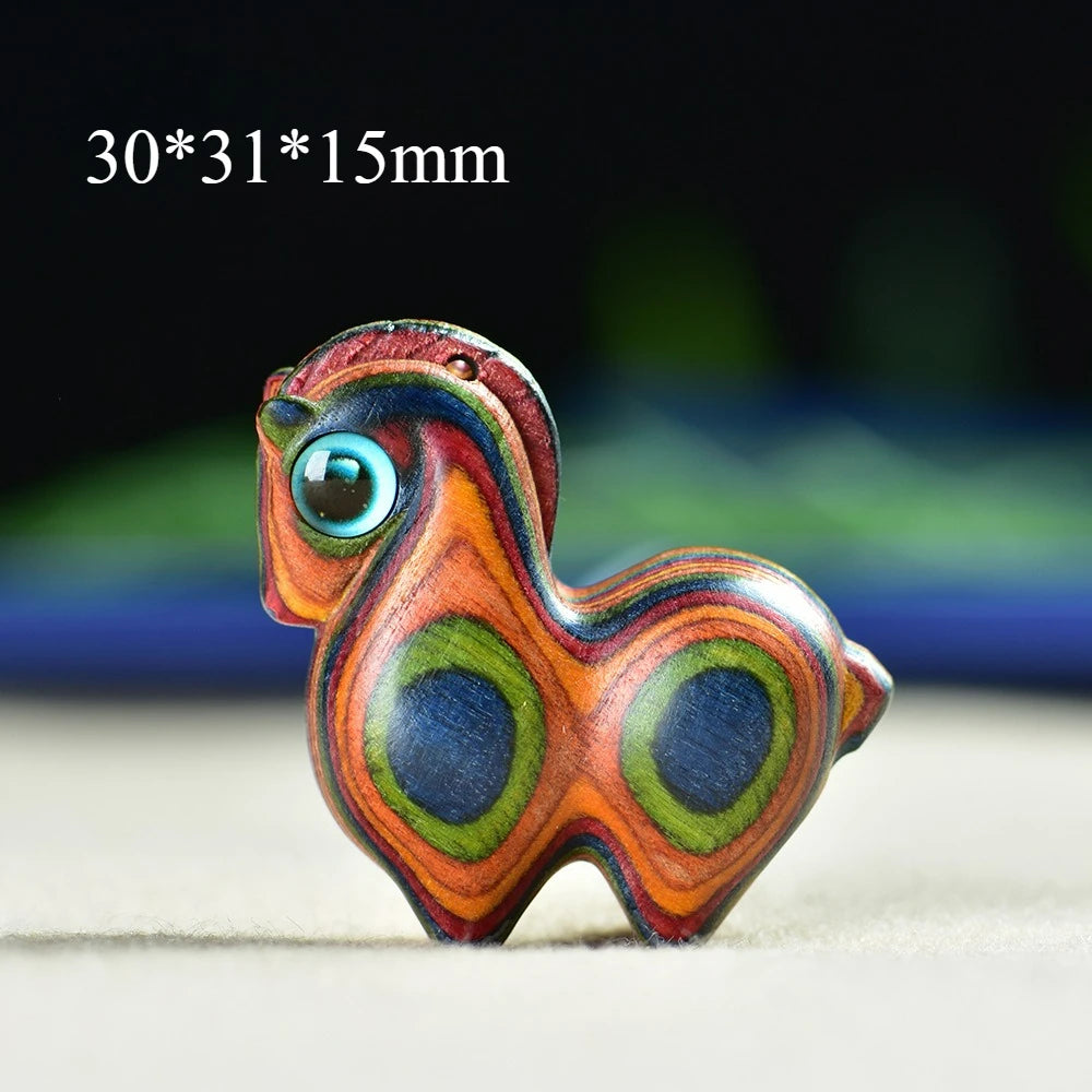 Natural wooden carving mini rainbow horse handcrafted miniatures ornaments diy figurine pendant keychain accessories