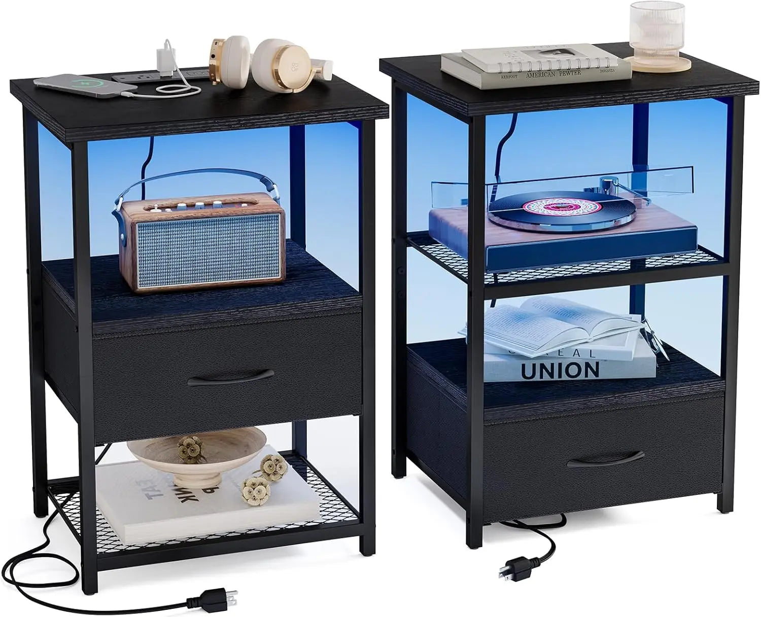 Night stand set of 2 with charging station led nightstand fabric drawers end table pu finish bed side black - black2