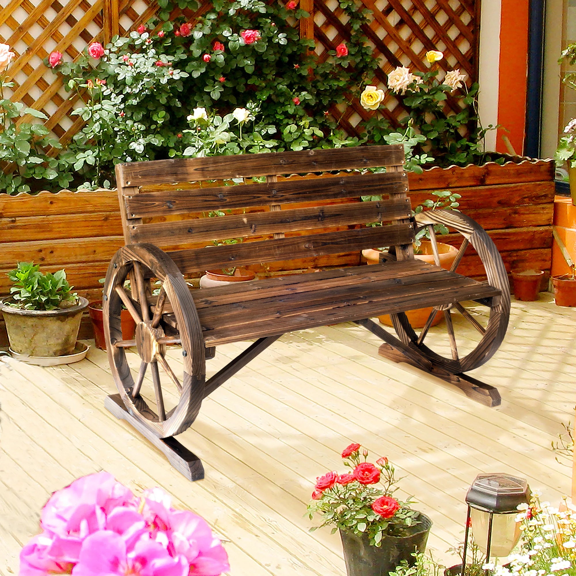 wagon-wheel-bench-wooden-outdoor-garden-accent-chair-loveseat-carbonized