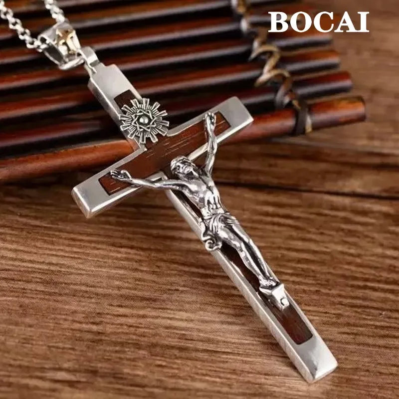bocai-100-s925-silver-jewelry-accessories-retro-sandalwood-cross-jesus-pendant-for-men-personalized-and-trendy-birthday-gift