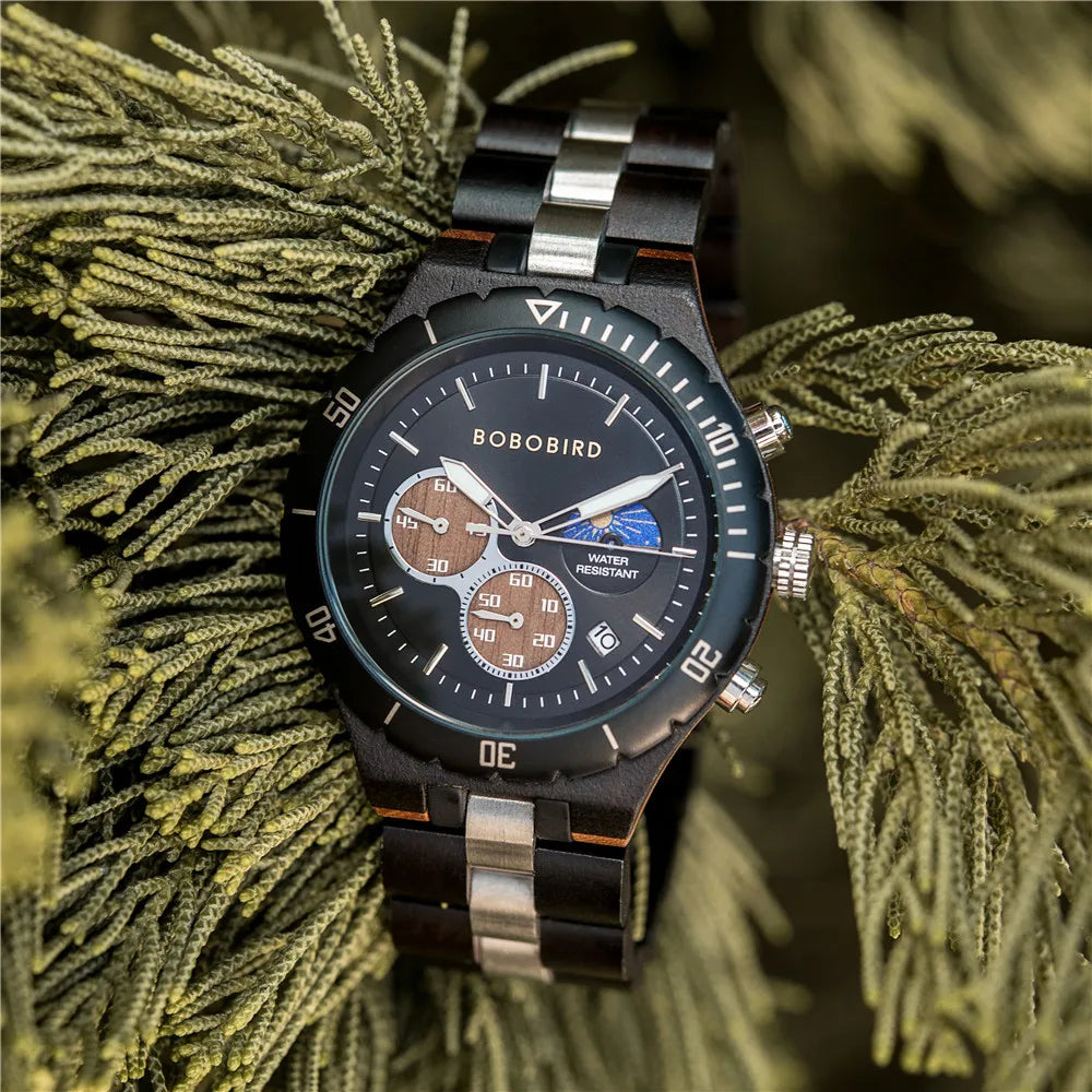 Bobo bird men’s watches wood & stainless steel combined wristwatch chronograph auto-date clock with gift box - gt111