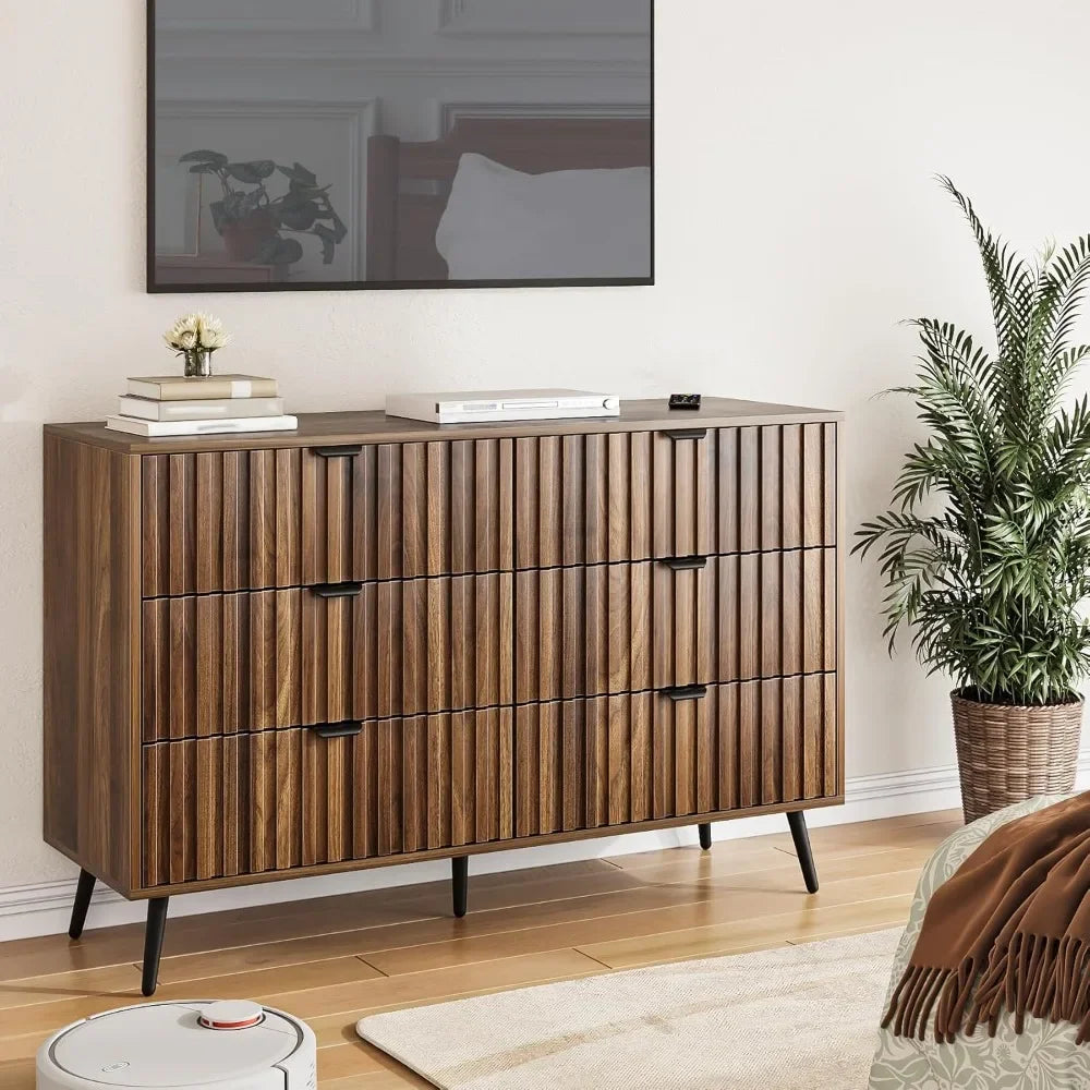 6 drawer dresser for bedroom 47.2’’ w walnut chest of drawers with fluted panel modern double closet wooden tv sta
