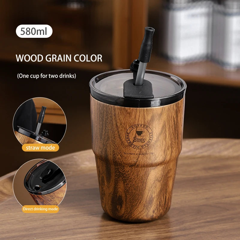 Bincoo wood grain coffee mug american style portable thermal cup retro stainless steel water for home and office