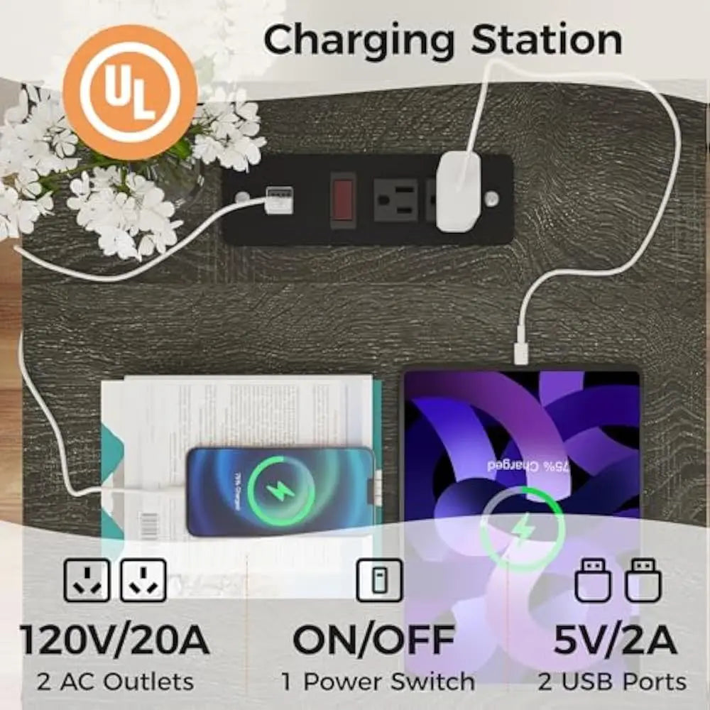 Nightstand set of 2 end table w/charging station tall farmhouse bedside tables with large storage and shelf wooden side