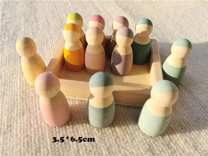 High quality wooden toys pastel basswood rainbow stacking blocks pine building semi sorting peg dolls balls for kids