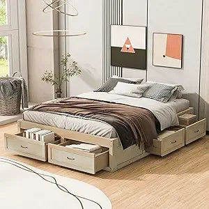 Merax platform bed queen size wooden frame with 6 storage drawers without headboard design wood slat support no box