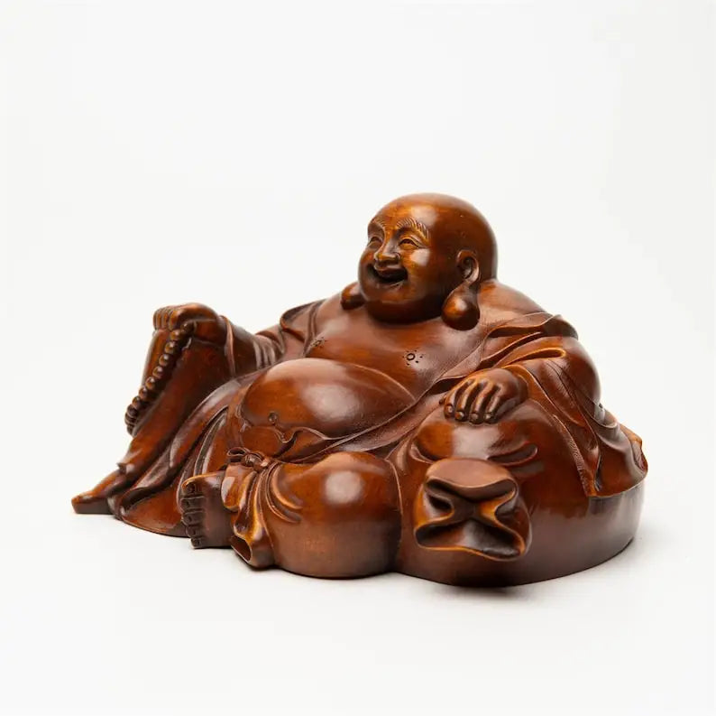 Hand carved wooden laughing buddha statue figurine good luck feng shui maitreya budai for wealth happiness home office