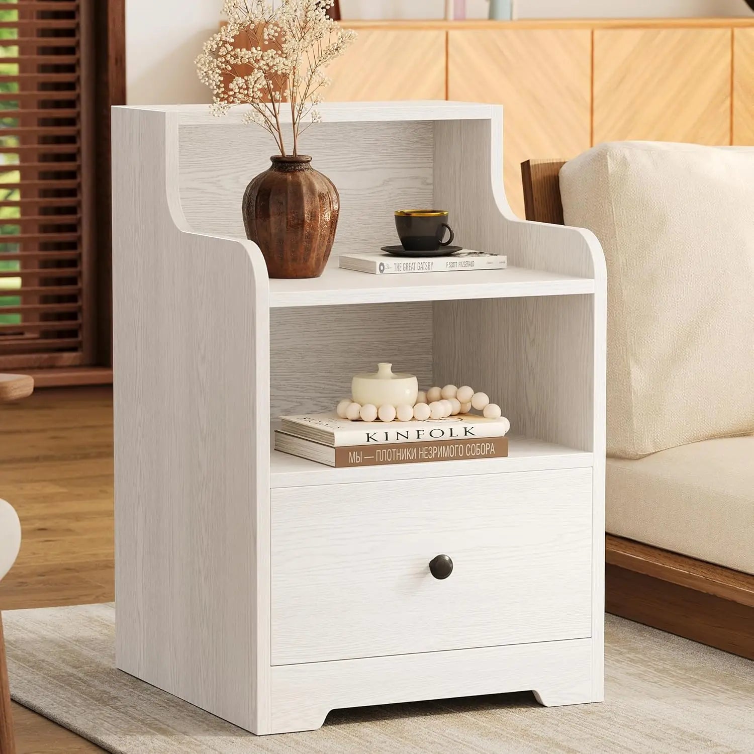 Nightstand with drawer and open shelf bedside table hutch modern end storage for bedroom - white / united states