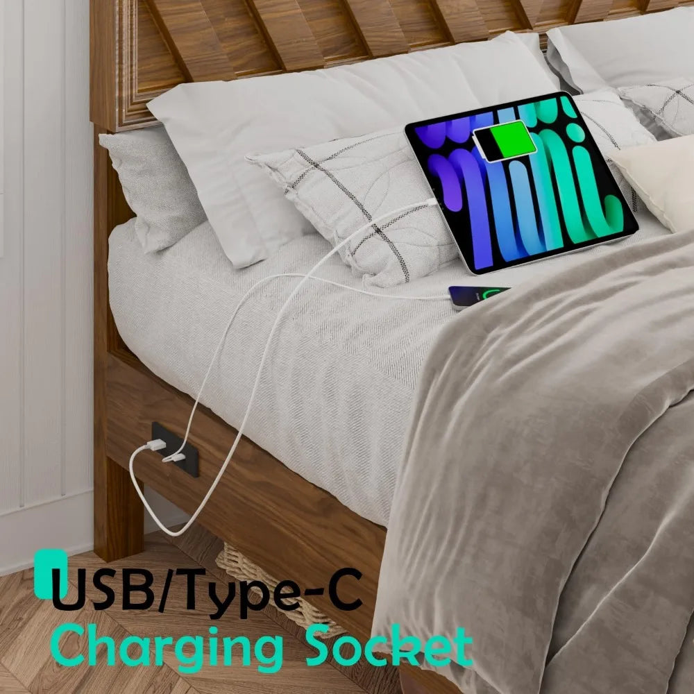 Full bed with adjustable headboard farmhouse platform wood led light and charging station diagonal line & rustic brow