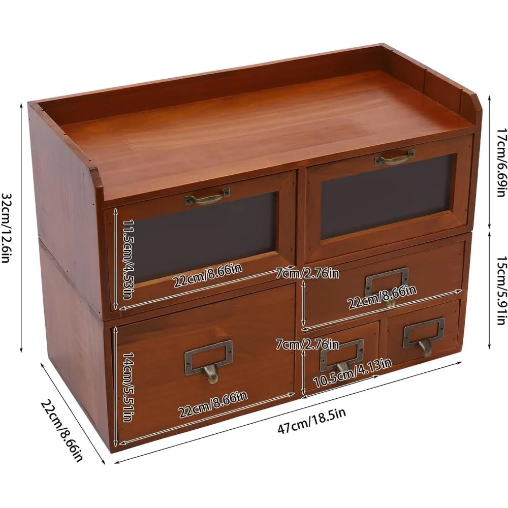 Desktop organizer with 6 drawers vintage desk storage acrylic door wood supplies for living room office - united states