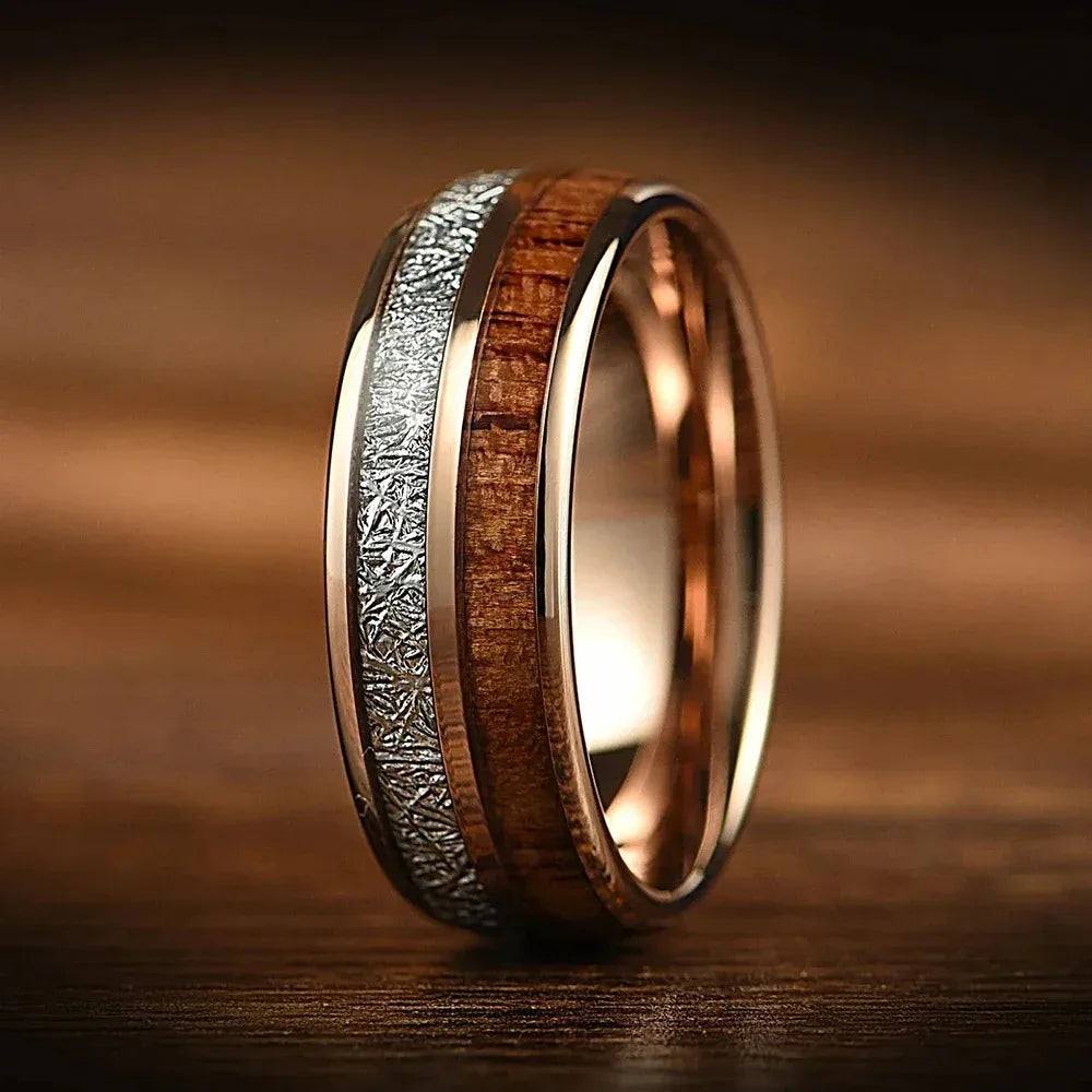 8mm men’s koa wood inlay stainless steel ring unique silver meteorite rings for gift luxury party wedding band jewelry