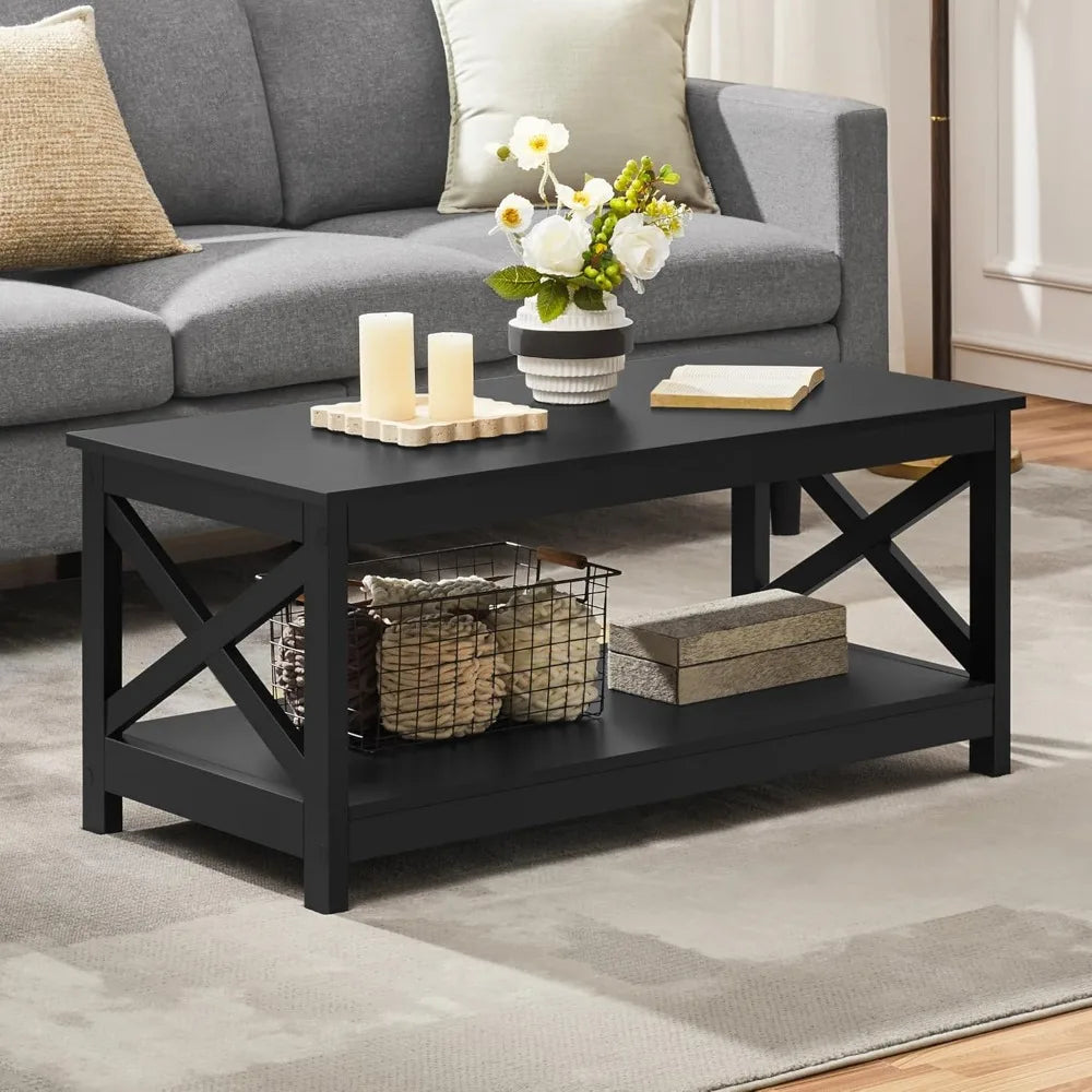 Wood coffee table with storage shelf for living room x design accent cocktail easy assembly home furniture - black