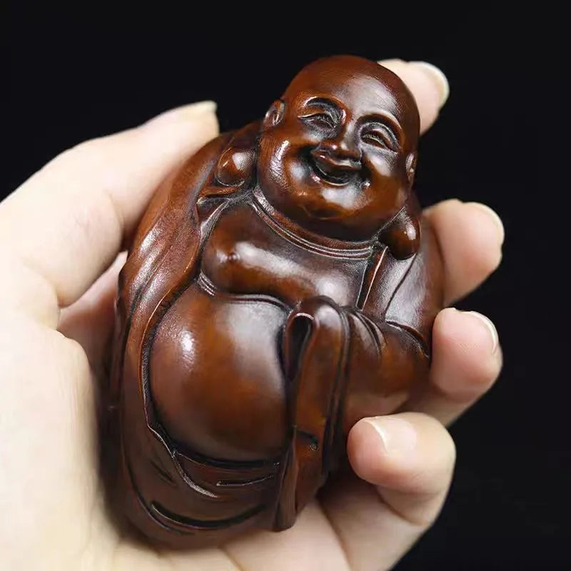 Hand-carved boxwood happy buddha statue - 2.56’’ maitreya figurine with beads wooden sculpture home decor lucky - 6.5cm