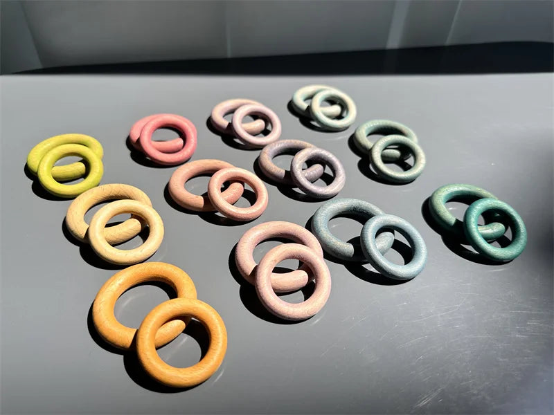 Kids large wood building rollers pastel blocks stain lime stacking cylinders forest trees rings educational creative