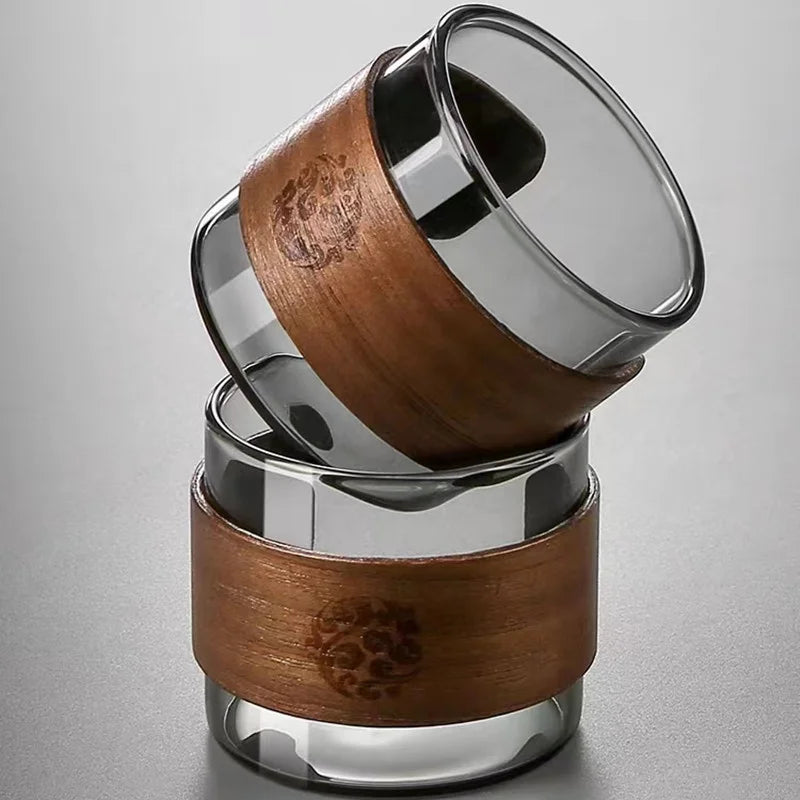 Japanese style 150ml heat-resistant glass tea cup with scald proof wooden holder kungfu set master household coffee mug