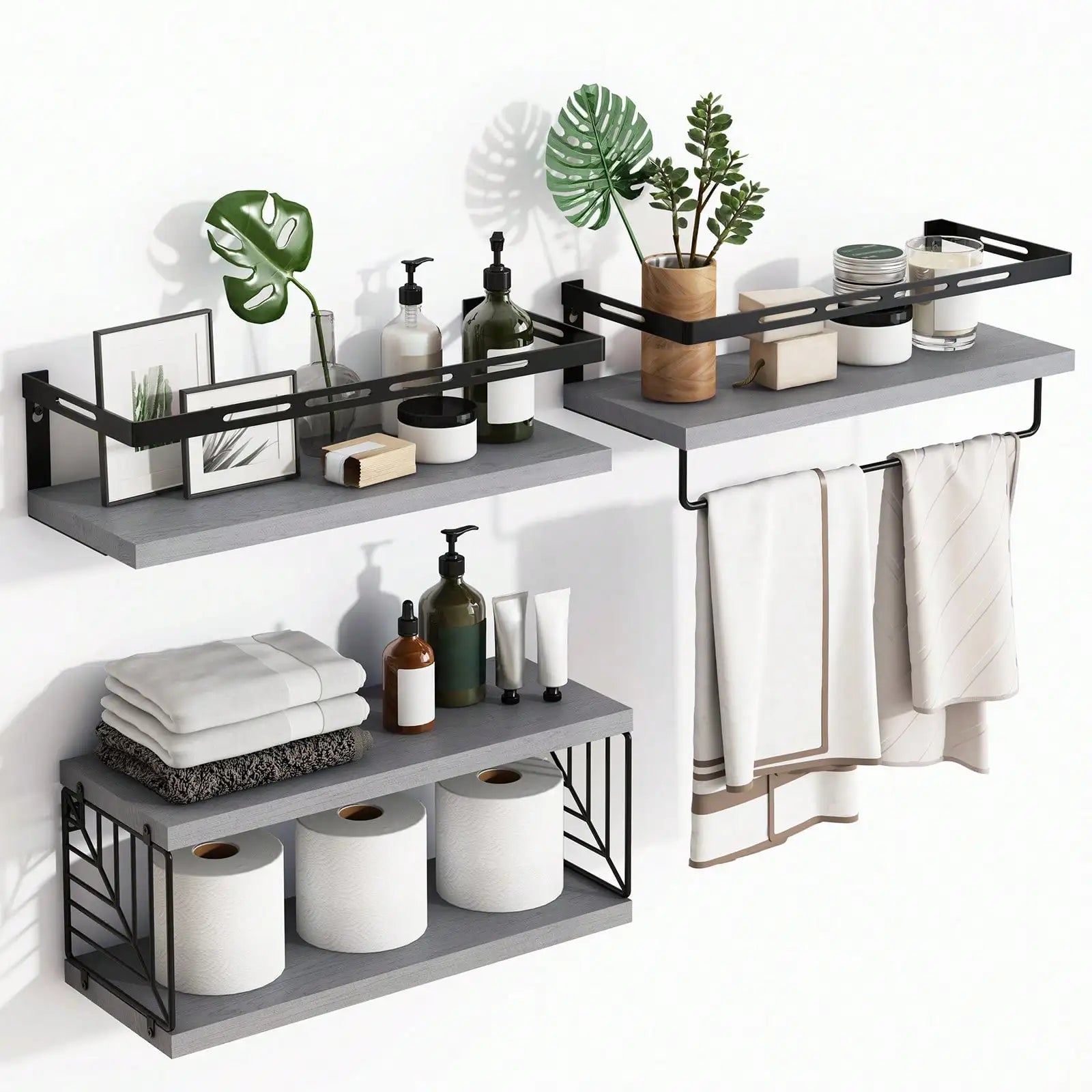3 + 1 tier wall mounted bathroom shelves over toilet,rustic wood floating with metal frame towel bar
