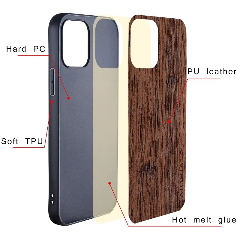 Case for iphone 15 16 14 13 12 11 pro max mini xr x xs plus funda bamboo wood pattern leather cover luxury coque case