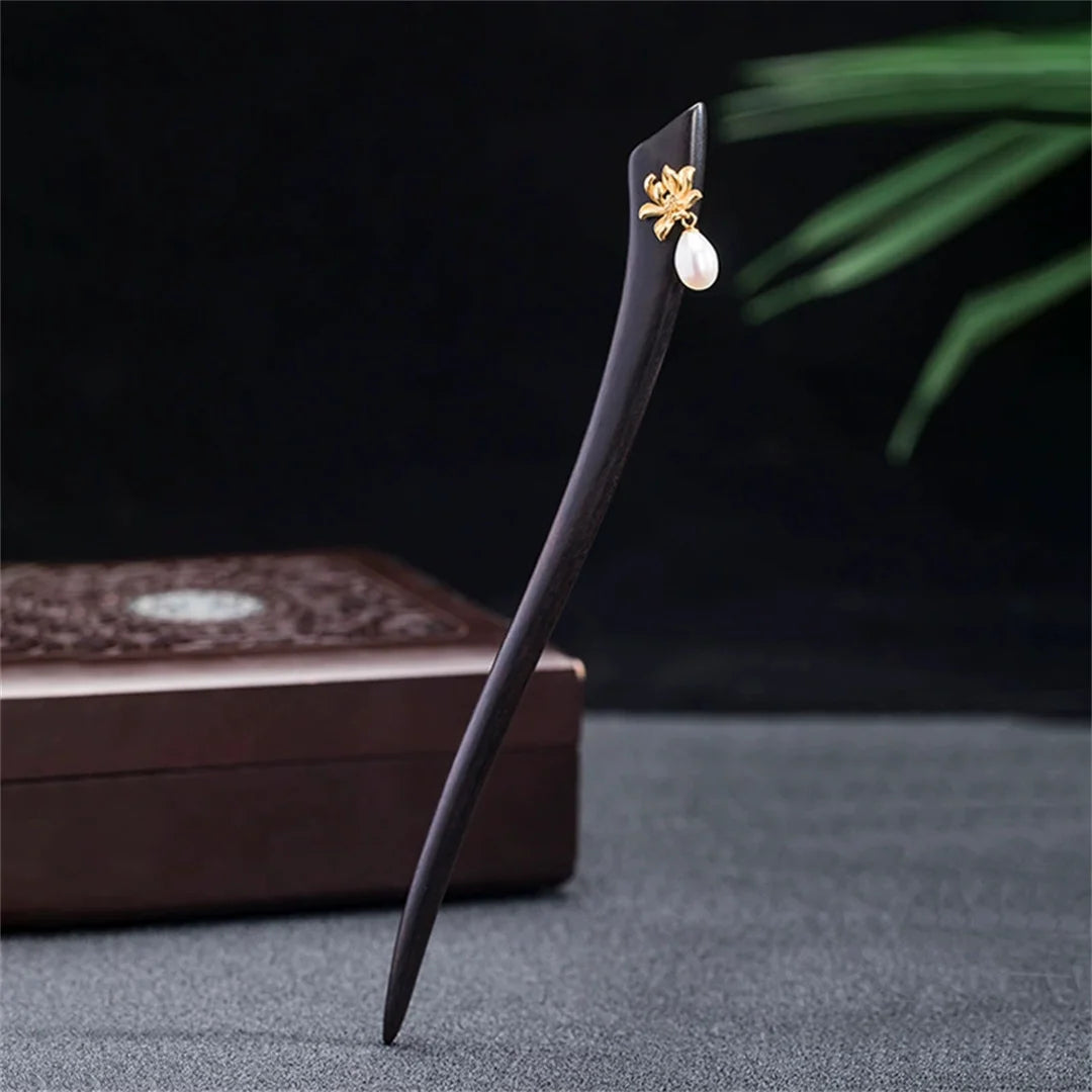 New100% s925 pure silver women’s elegant hairpin retro ebony wood lotus pearl blossom chinese style hanfu hair jewelry