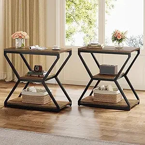 Compact 3-tier wood side table with storage living room accent furniture bedside nightstand for home - brown / united