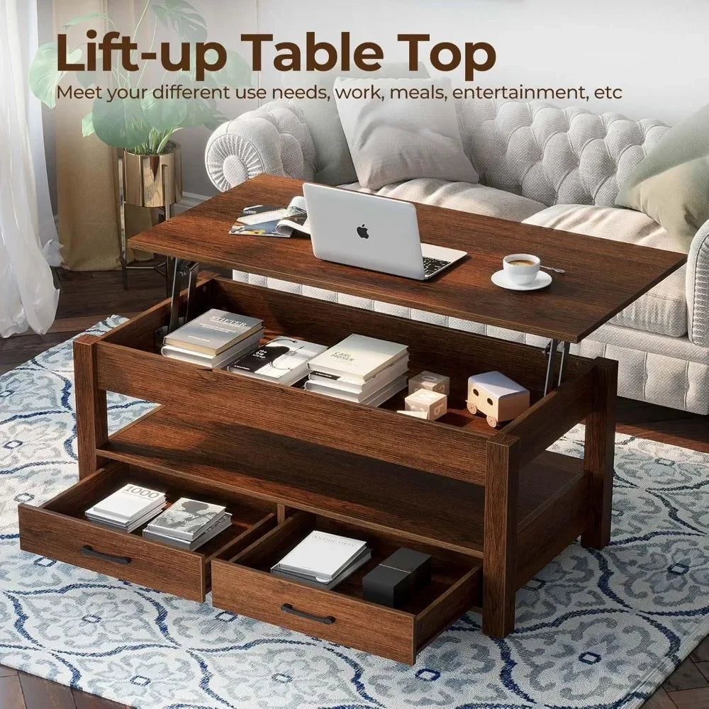 Coffee table 47.2’’ lift top with drawers and hidden compartment retro central wooden tabletop - espresso 47.2 / united