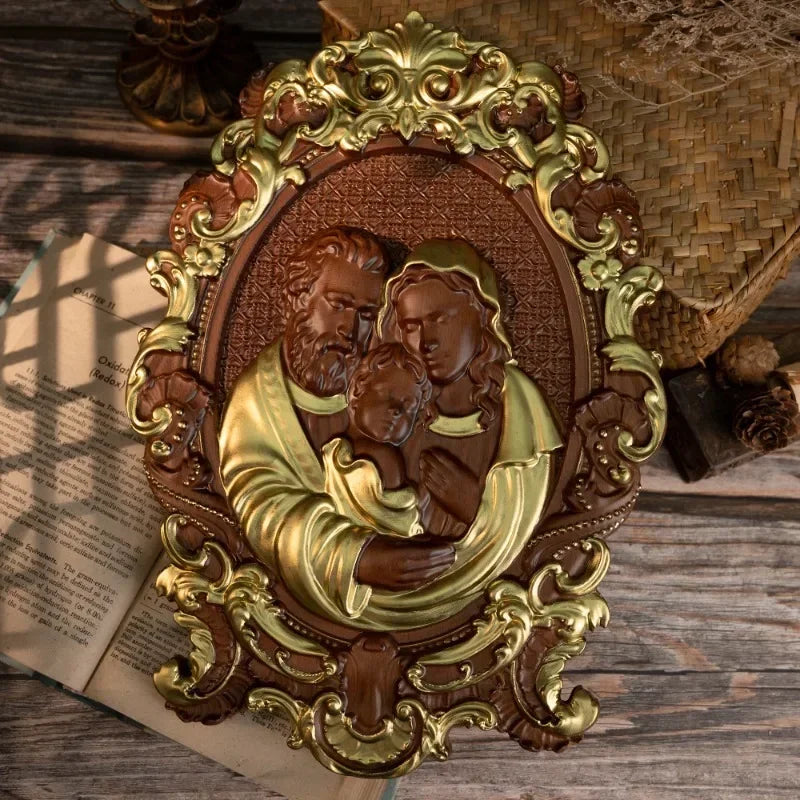 Holy family nativity wood carving catholic wall art church mary and joseph living room bedroom decor - religious