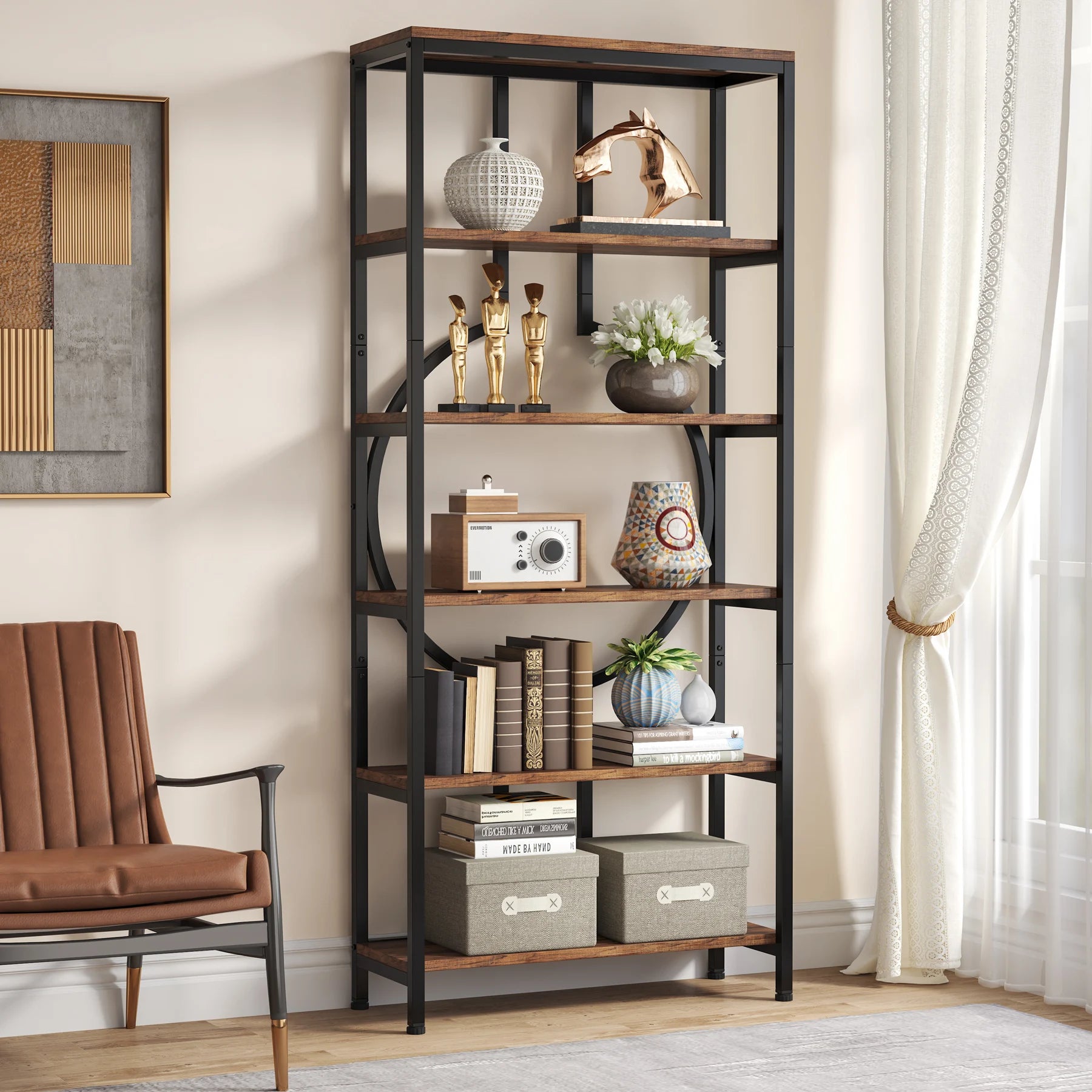 Tribesigns industrial bookshelf tall bookcase with open shelves wood and metal display shelf storage - rustic brown 01