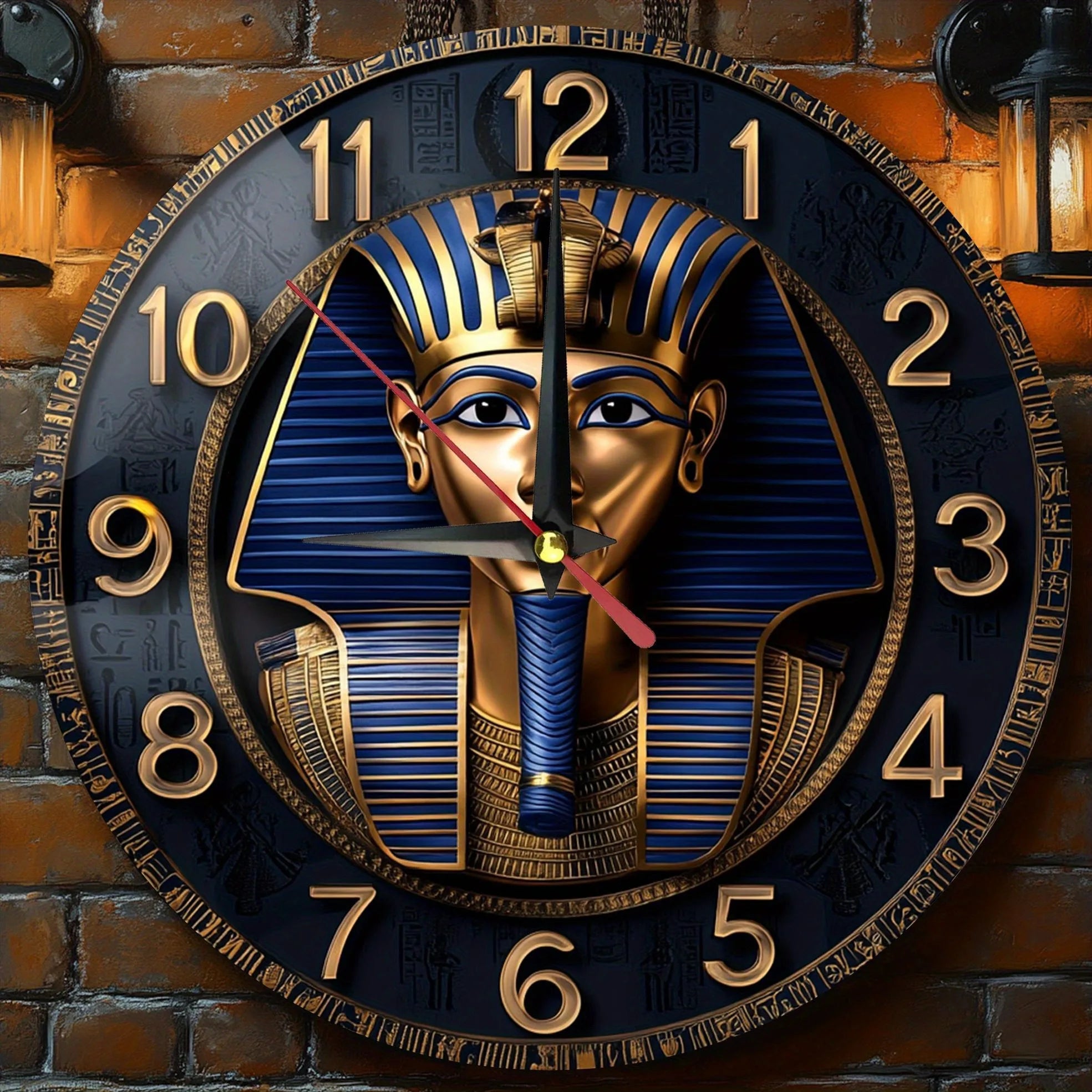 Wooden wall clock with an ancient egyptian pharaoh pattern perfect for home decor. Runs on aa batteries - mzb407