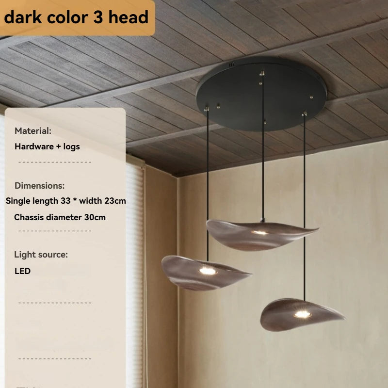 Solid wood walnut color leaf multi-head combination chandelier living room main lamp restaurant wabi-sabi retro style