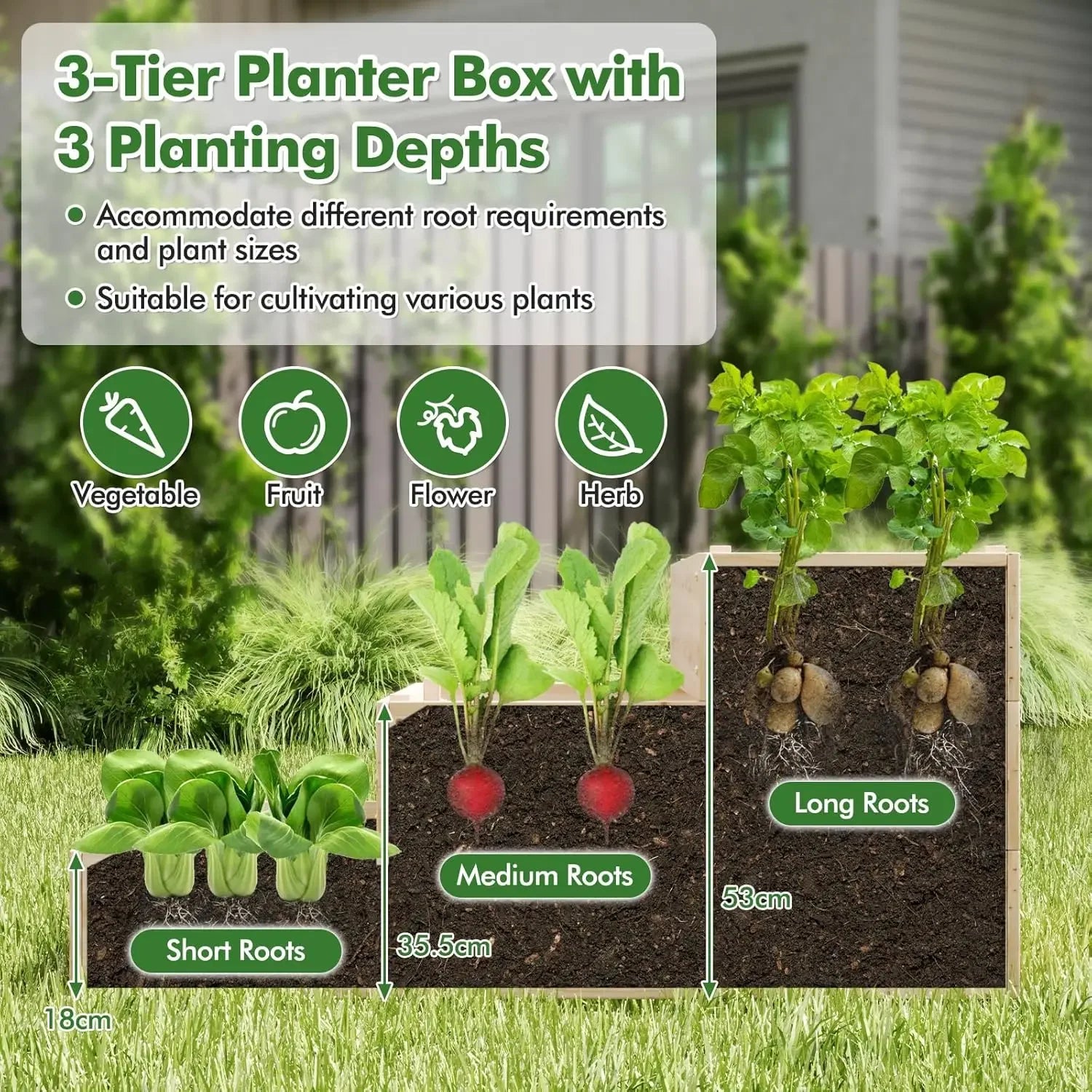 3-tier raised garden bed wooden planter with trellis & open-ended base for patio yard lawn outdoor boxes - united states