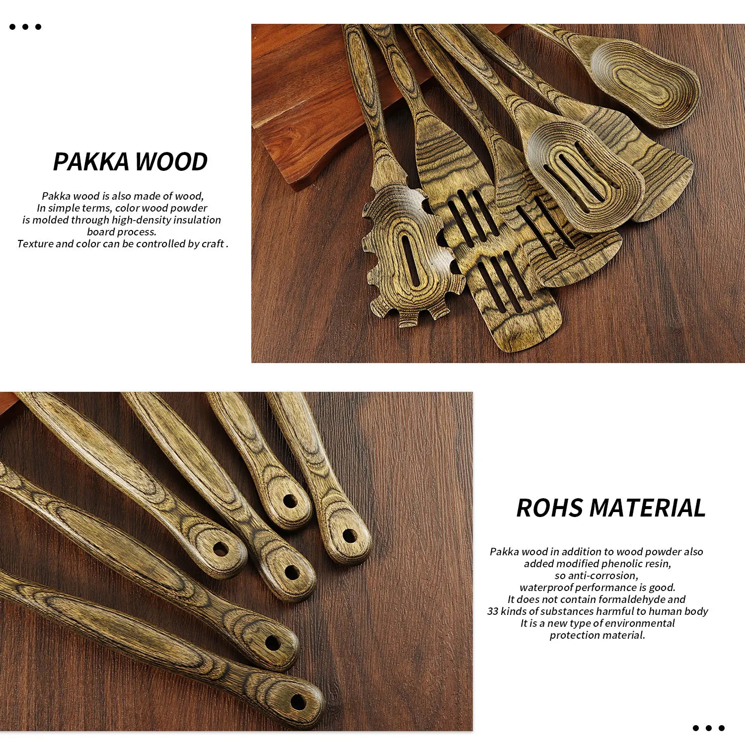 6pcs kitchen utensils set wooden pakkawood cooking spoon slotted spatula cookware turner utensil tools - black / united