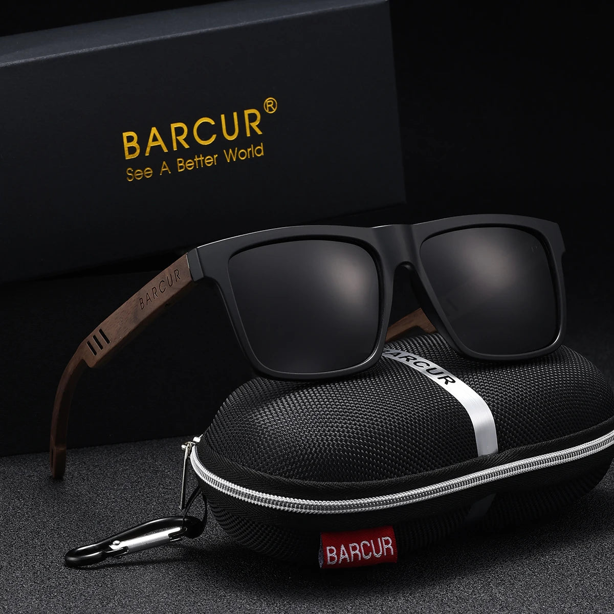 Barcur retro imitation wood grain square men’s polarized sunglasses full frame advanced design uv400 women - matteblack