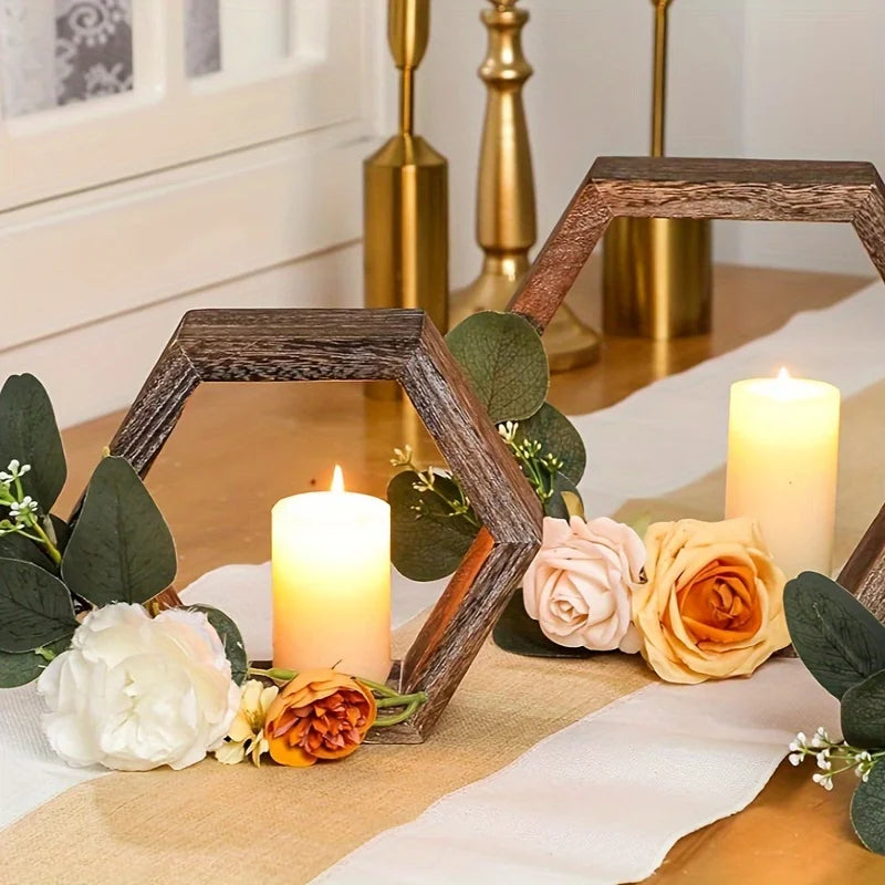 Wooden hexagon frame candle holder wedding table centerpieces countryside style handmade garland candlestick tung wood