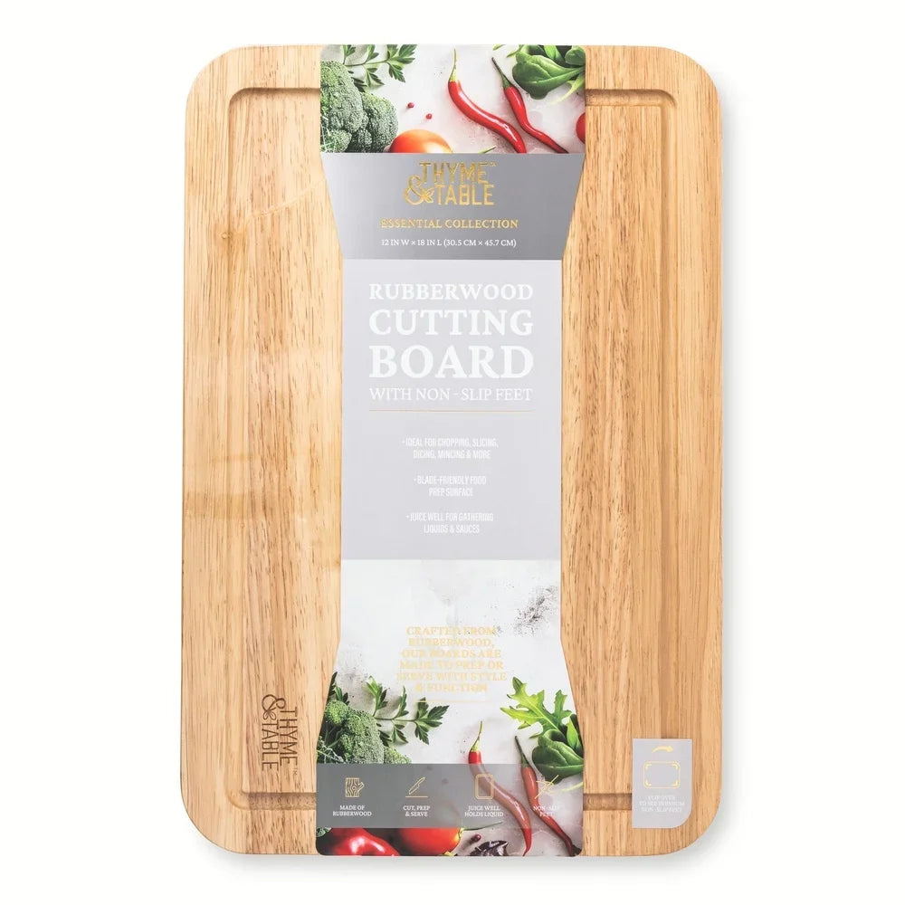 Large rubberwood cutting board with juice well non-slip feet blade-friendly surface kitchen prep tool perfect chopping