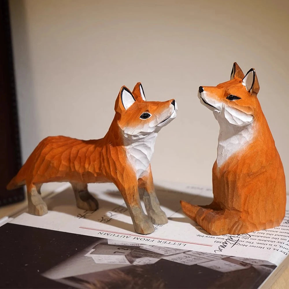 Handcrafted wood carving fox statue cute figurines desk ornament decorations accessories animal sculpture home decor